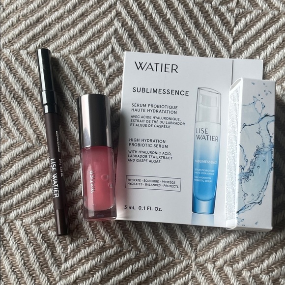Set 3 Lise Watier Lip Oil Framboise & Waterproof Eyeliner Brun Noir + free serum - Picture 1 of 8